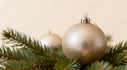 Golden Christmas Baubles on Pine Branches