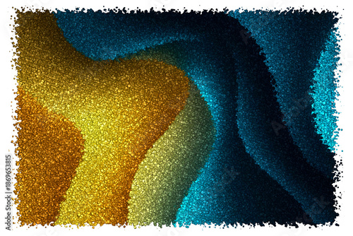 Satin Gold and Deep Azure Blue Undulating Folds With Fine Granular Texture and Dramatic Lighting, Made of cubes
