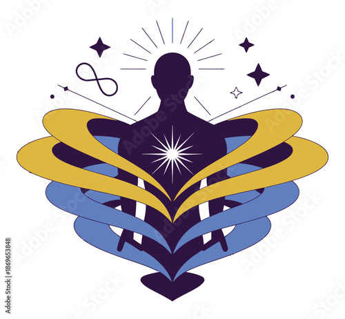 Human silhouette radiates light symbolizing inner peace, enlightenment,.