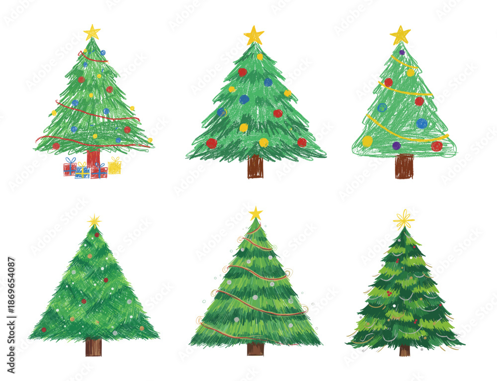 Obraz premium Set of hand-drawn crayon Christmas trees with decorations