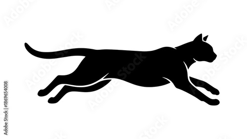 A sleek leaping cat silhouette vector illustration on a transparent background depicting the agility and grace of a domestic feline in mid-air. Perfect for pet care brands, animal shelter logos.