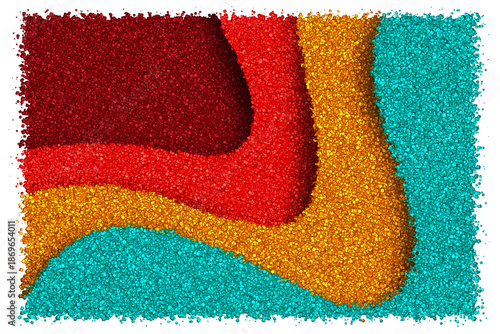 Minimalist Bold Curved Layers Featuring Deep Burgundy Bright Red Mustard Yellow and Teal Colors, Made of cubes
