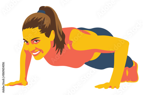 Fit woman performs intense push up exercise showing focused determination on.