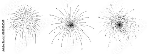 Set of hand-drawn fireworks explosions in black and white