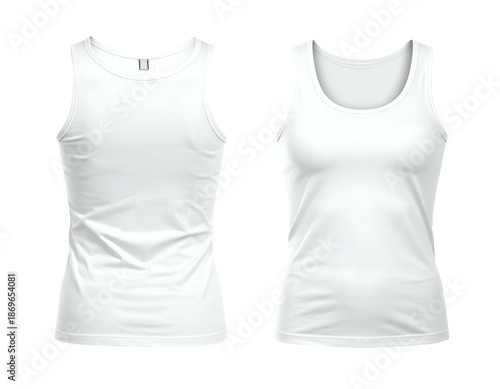 Two blank white tank tops shown from front and back