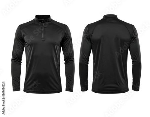 Black athletic quarter-zip pullover shirt, front and back view
