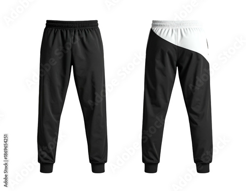 Two pairs of athletic pants, one solid black, one color-blocked
