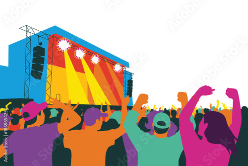 Crowd of enthusiastic fans enjoys a bright outdoor music concert performance.