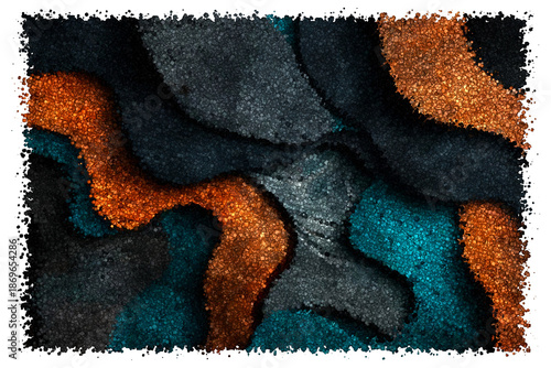 Artistic Topographic Wood Grain Pattern With Flowing Organic Shapes in Charcoal Teal and Amber, Made of cubes
