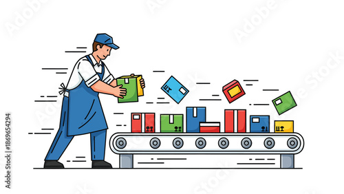 Worker Sorting Packages on Conveyor Belt in Industrial Setting Illustration