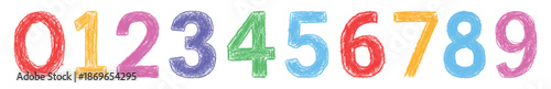 Colorful crayon-style numbers zero to nine set