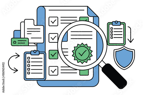 Magnifying glass inspects checklist documents showing compliance verification.