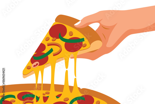 Hand pulls a cheesy slice of pepperoni pizza with dripping mozzarella cheese.