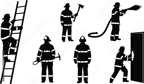 Firefighter silhouette illustration, black vector design, emergency gear, axe, hose, ladder, halligan tool, rescue action, safety and heroism concept
