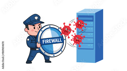 Cartoon Security Officer Blocking Viruses with Firewall Shield