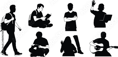 Youth activity silhouette illustration, black vector design, reading, writing, music, laptop, backpack, prosthetic leg, student life concept