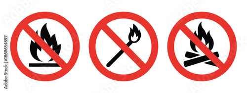 No fire campfire and matches prohibited symbol set, crossed flame icons for safety warning signs, fire restriction prevention vector.