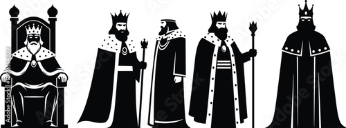 Royal king silhouette illustration, black vector design, crown and robe, throne and scepter, regal pose, monarchy and leadership concept