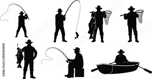 Fisherman silhouette poses and gear, black vector illustration, fishing rod, net, boat, catch, outdoor sport, nature activity concept