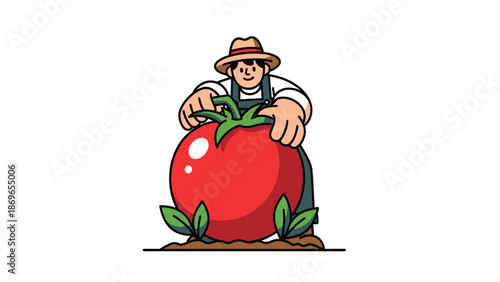 Cartoon Farmer with Giant Tomato Illustration