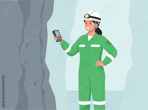 rare earth concept smiling female geologist or miner in a green jumpsuit and hard hat with a headlamp stands near a rock wall, holding a geological surveying device in a mine or tunnel.