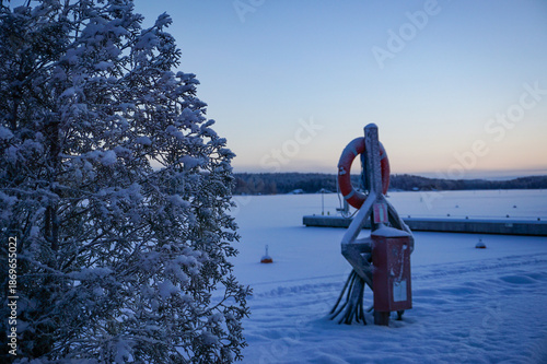 Canvastavla A frozen lake, lifebuoy and pier in winter