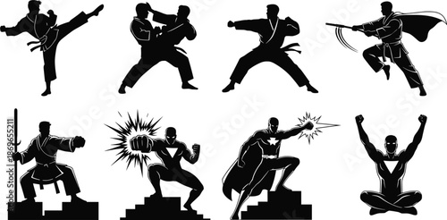 Martial artist silhouette, superhero pose, sword stance, staff action, punch burst, levitating hero, podium figure, vector illustration, dynamic power