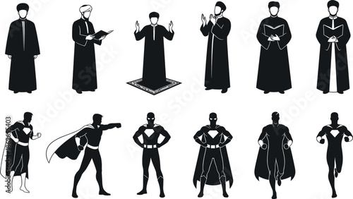 Religious figure silhouette, superhero contrast, prayer pose, book reading, cape hero, emblem chest, dynamic stance, vector illustration, dual symbolism