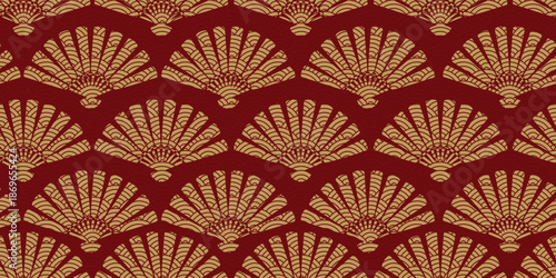 Japanese style seamless pattern with bamboo fans decorated with abstract wave motifs on red background. Traditional Asian design for Chinese New Year textiles and decorative prints.