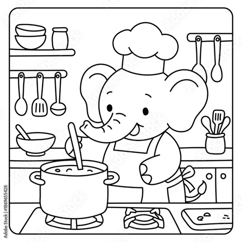 Cute Elephant Chef Cooking in Kitchen Coloring Page Illustration