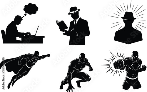 Intellectual silhouette, superhero contrast, thought bubble, reading pose, inspiration rays, flying hero, punch action, crouch stance, vector illustration, dual power