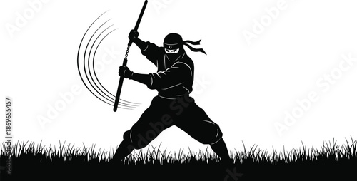 Ninja silhouette, nunchaku weapon, martial arts pose, combat stance, motion lines, grassy ground, traditional attire, masked fighter, vector illustration