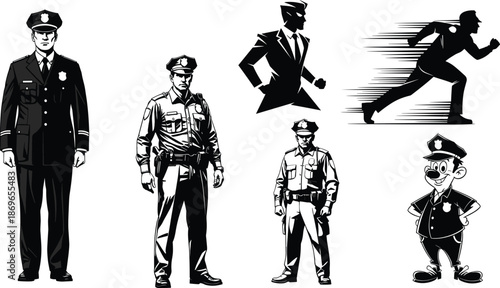 Police officer illustration, silhouette and cartoon, uniform styles, running pose, tactical gear, friendly cop, artistic variation, vector set