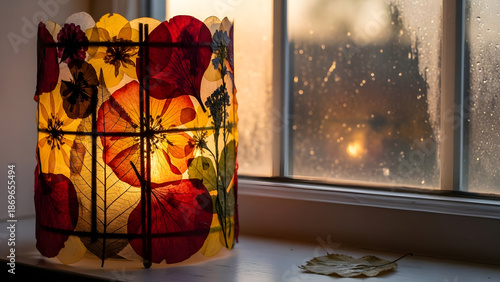 Handmade paper lantern decorated with pressed dried flowers glowing by a rainy window