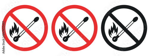 No fire warning symbol, prohibited flame and burning match icon, danger safety sign with red slash circle on white background.