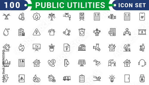 Public Utilities Icons set vector illustration with collection of electric, water, gas, fire, liquid water, bill, elevator, public park, service, energy, security, solar panel, maintenance, receipt.