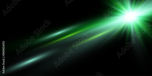 Soft green sun in the upper right corner with gentle long rays spreading across a black background. Subtle green light effect.
