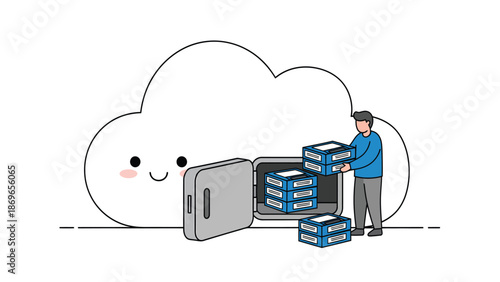 Cloud Storage Illustration with Person Organizing Data in Digital Space