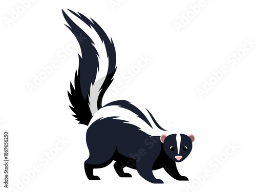 Cute cartoon skunk with black and white stripes, illustration