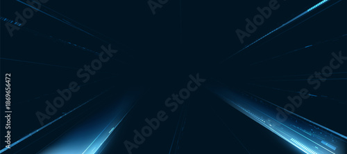 Abstract Futuristic Technology Background with Blue Neon Lines On Dark Blue Background