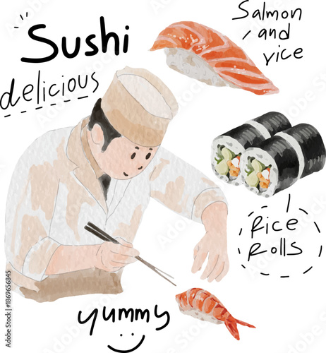 Japanese sushi chef preparing fresh nigiri and maki rolls, watercolor illustration set on white background.