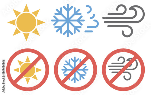 Weather icons showing conditions and prohibitions, sun rain storm snow with warning and forbidden symbols, safety forecast vector illustration.