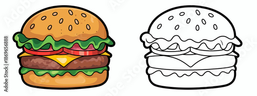 Cartoon hamburger with sesame seed bun lettuce tomato cheese and beef patty food fast