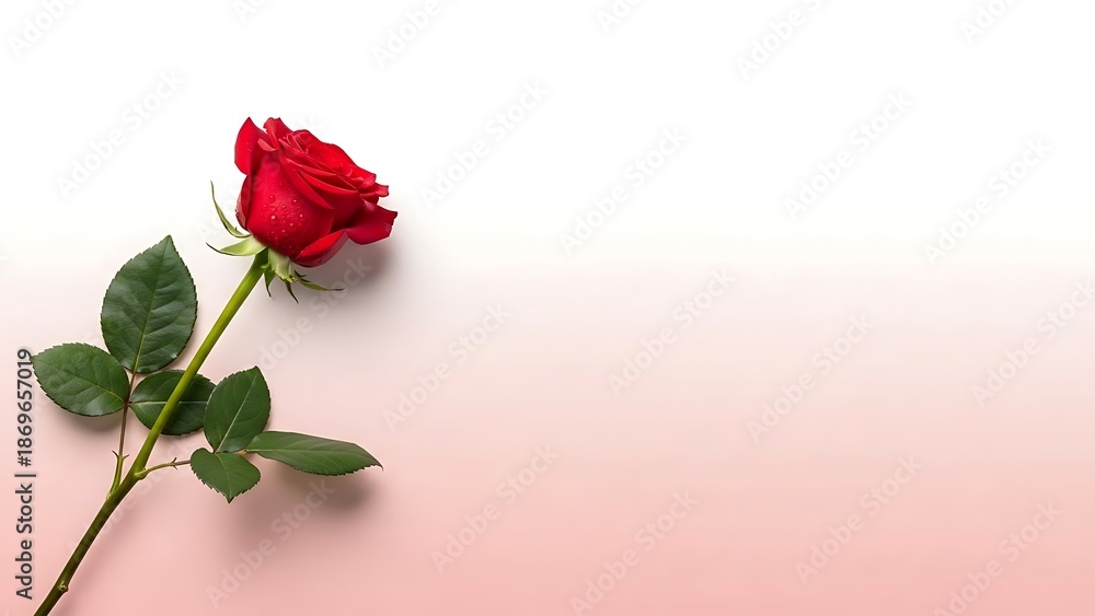 Fototapeta premium Single red rose on a pink and white gradient background.