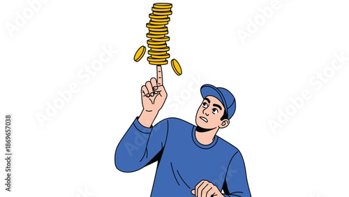 Cartoon Character Balancing Stacked Coins on Finger with Skill