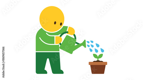 Simple Illustration of Person Watering a Plant in a Pot