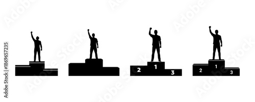 Silhouette figures standing on podiums, celebrating success, achievement, and victory, depicting a triumph over competition