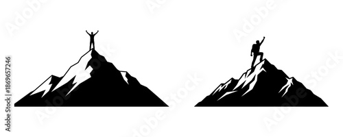 Dynamic vector icons showcasing the exhilarating moment a successful climber reaches a mountain's summit, celebrating triumph, achievement, and the spirit of conquering goals