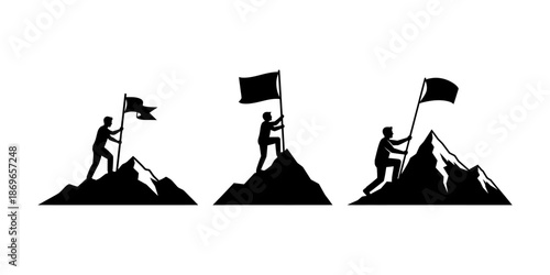 Illustrations depicting individuals climbing mountains and planting flags symbolizing achievement, success, and reaching goals, visually representing the journey and triumph