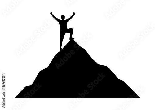 Iconic vector illustration of a triumphant person on a mountain summit, symbolizing the concept of ultimate achievement, personal success, and conquering life's significant challenges